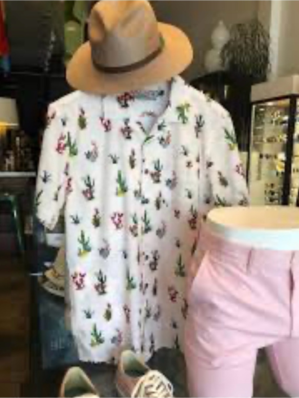 Men's Cream Short-Sleeve Button-Down Shirt with Colorful Cactus Print 0470